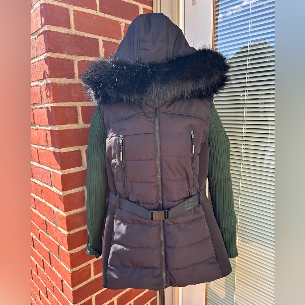 MICHAEL Michael Kors Black Puffer Vest with Faux Fur Hood